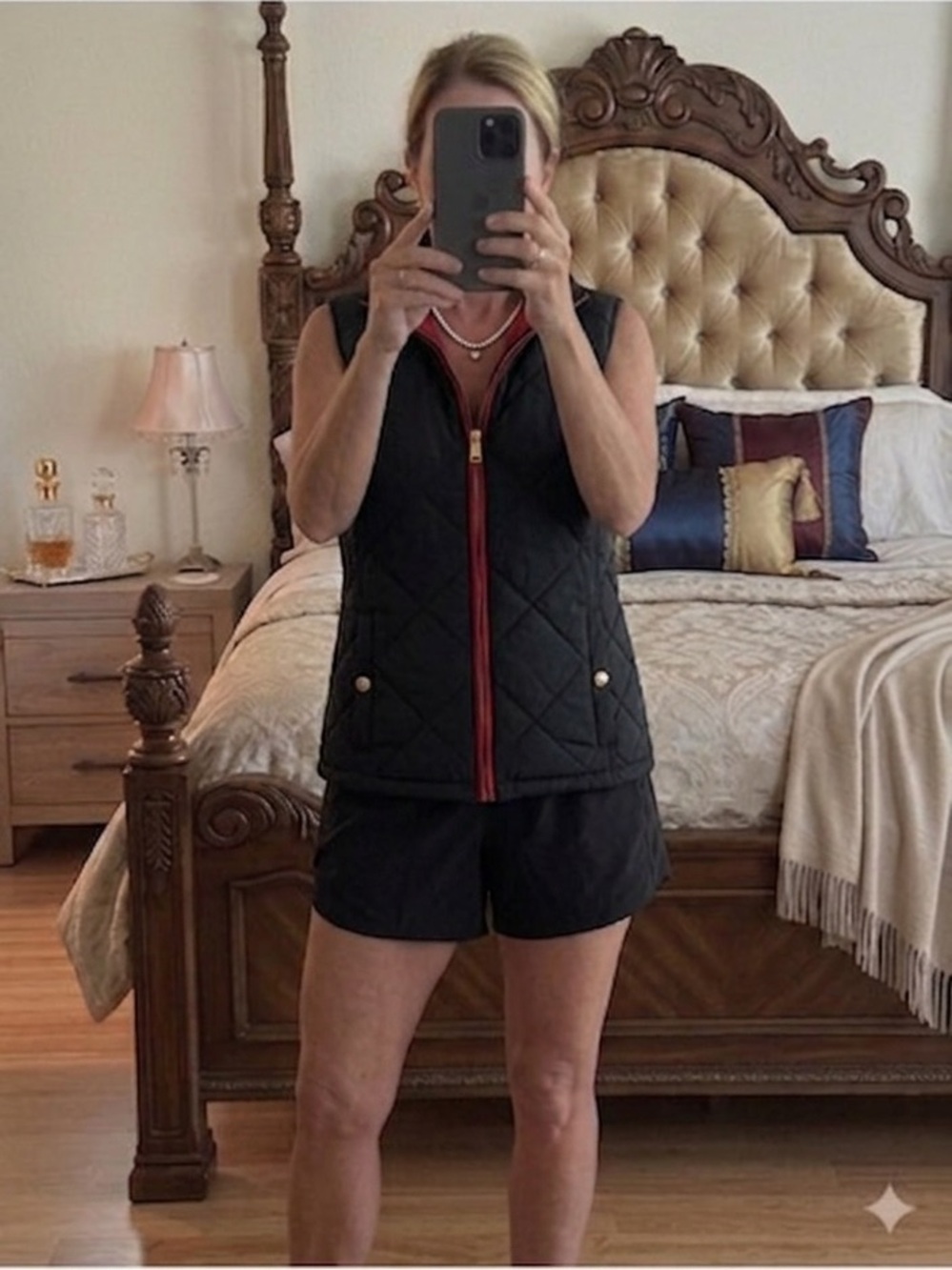 Ralph Lauren Black Quilted Vest with Red Trim and Gold Accents